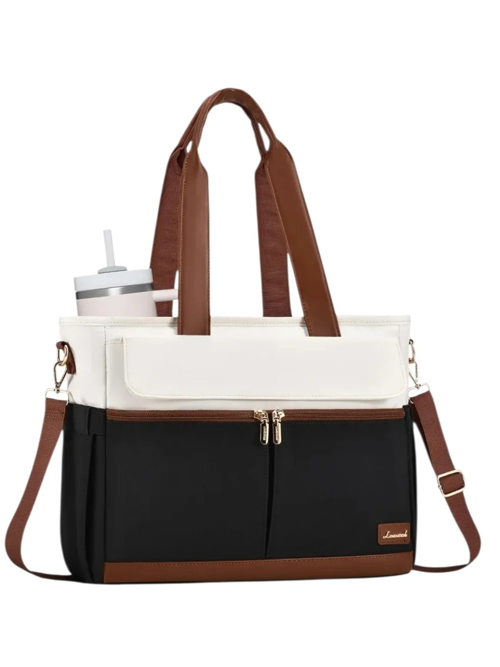Two-Tone Black & White Laptop Tote with Brown Trim